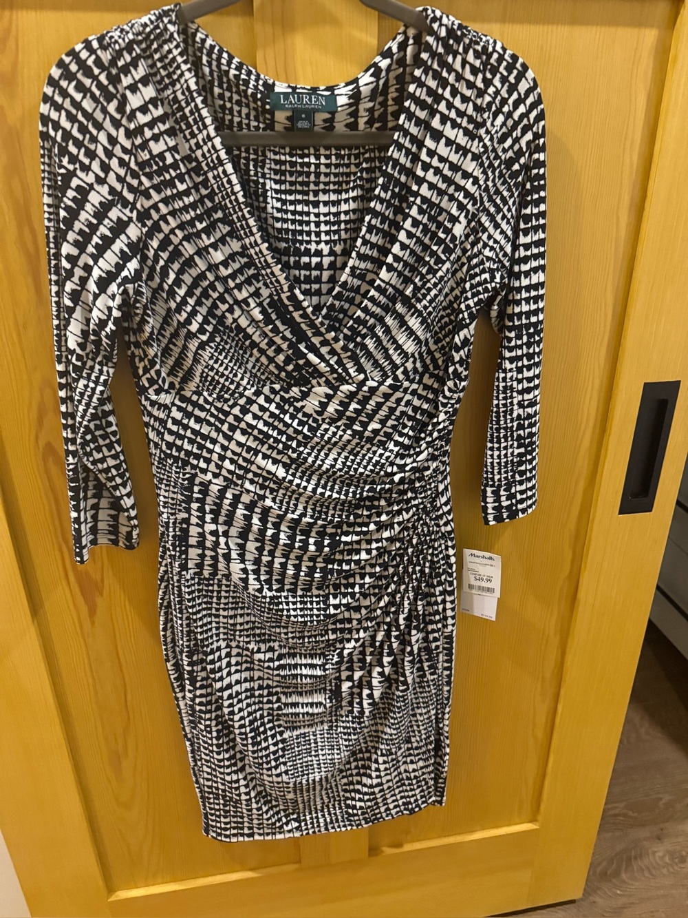 NWT Lauren Ralph Lauren Geometric Ruched Faux Wrap Dress Black White 8